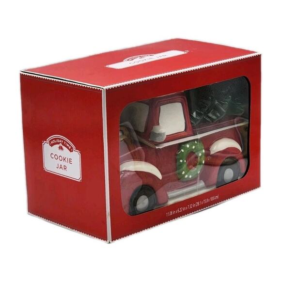Holiday Time Christmas Tree Red Truck Cookie Jar Green Wreath Hand Painted - Picture 3 of 5